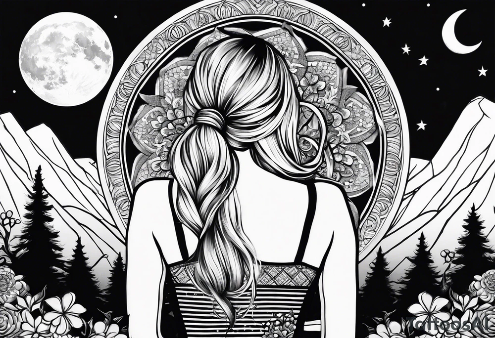 Straight blonde hair girl facing away toward mountains surrounded by mushrooms crescent moon mandala circular design black and white striped dress "8" braided into hair tattoo idea