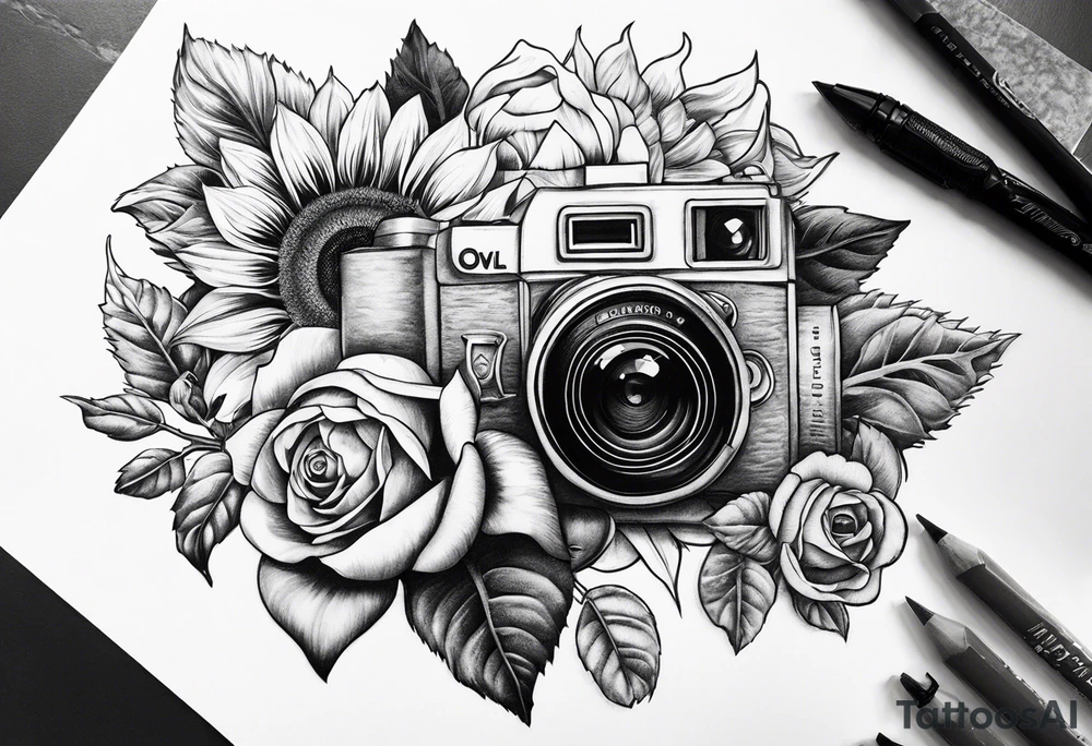 Sunflower, camera, book, owl, flower rose tattoo idea