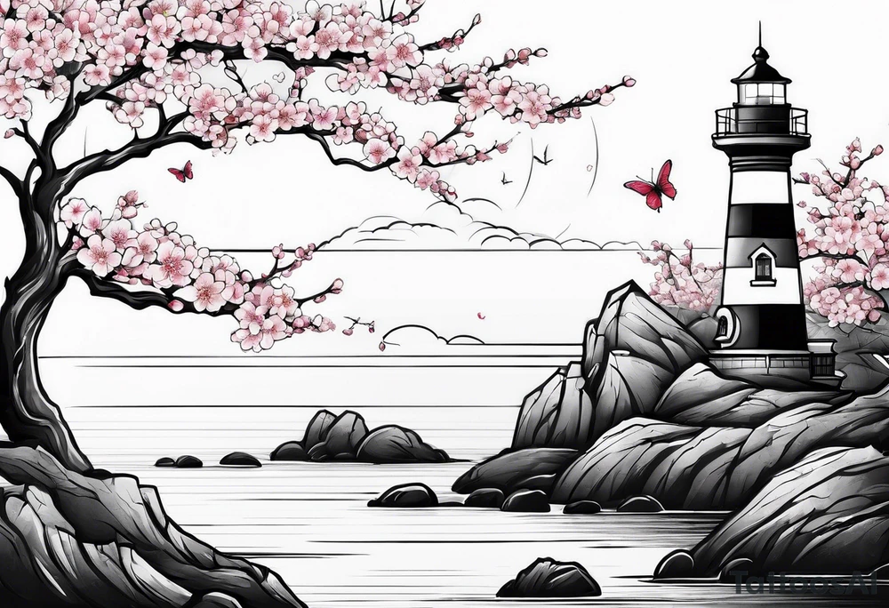 small cherry blossom with lighthouse tattoo idea