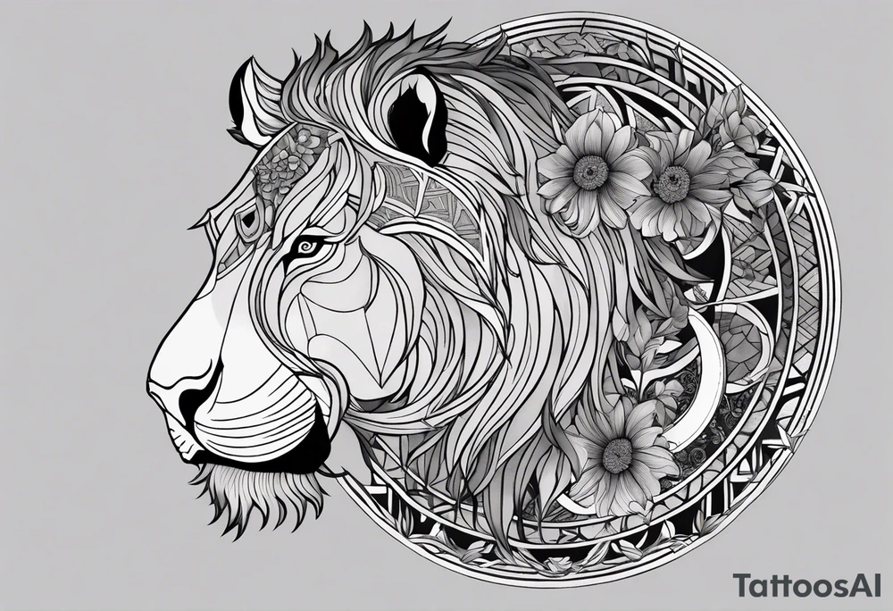 Very asymmetrical, +geometric pattern, with realistic full moon, with hippo face superimposed with lion head,+tribal, +geometric, +inkart , +blackwork, +grey scale, + sketch
with wintersweet flower bud, +inkart touch, +for men, detailed , combined favourite , tattoo idea