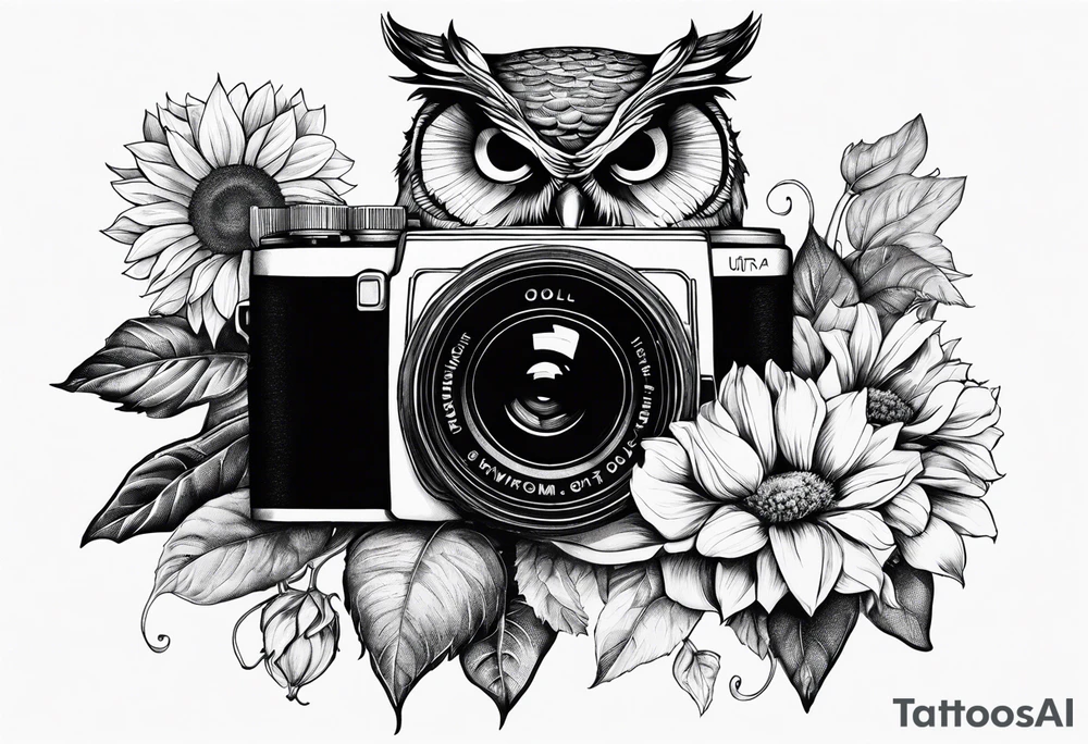 Sunflower, camera, book, owl, flower rose tattoo idea