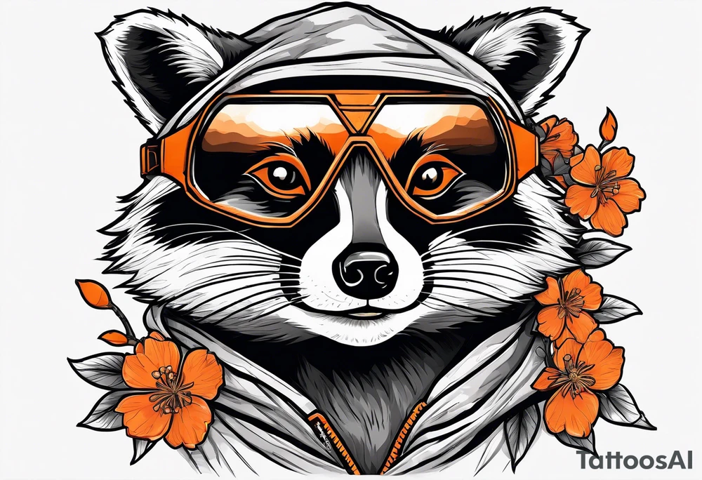 raccoon wearing a black and white Superman hoodie and orange Japanese cherry blossoms tattoo idea