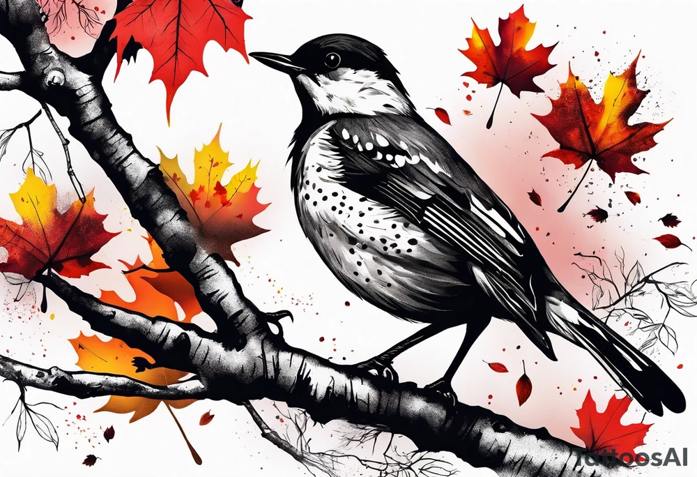 trash polka style. Arm tattoo. chest tattoo. Long tattoo. large tattoo. Full sleeve. Shoulder. A single large maple tree with red autumn leaves that branches upwards from wrist to shoulder. White-throated dipper bird on the trees branches. Calluna flowers at the base of the trees stem. Red/yellow sunset behind the trees stem. Leaves falling. tattoo idea