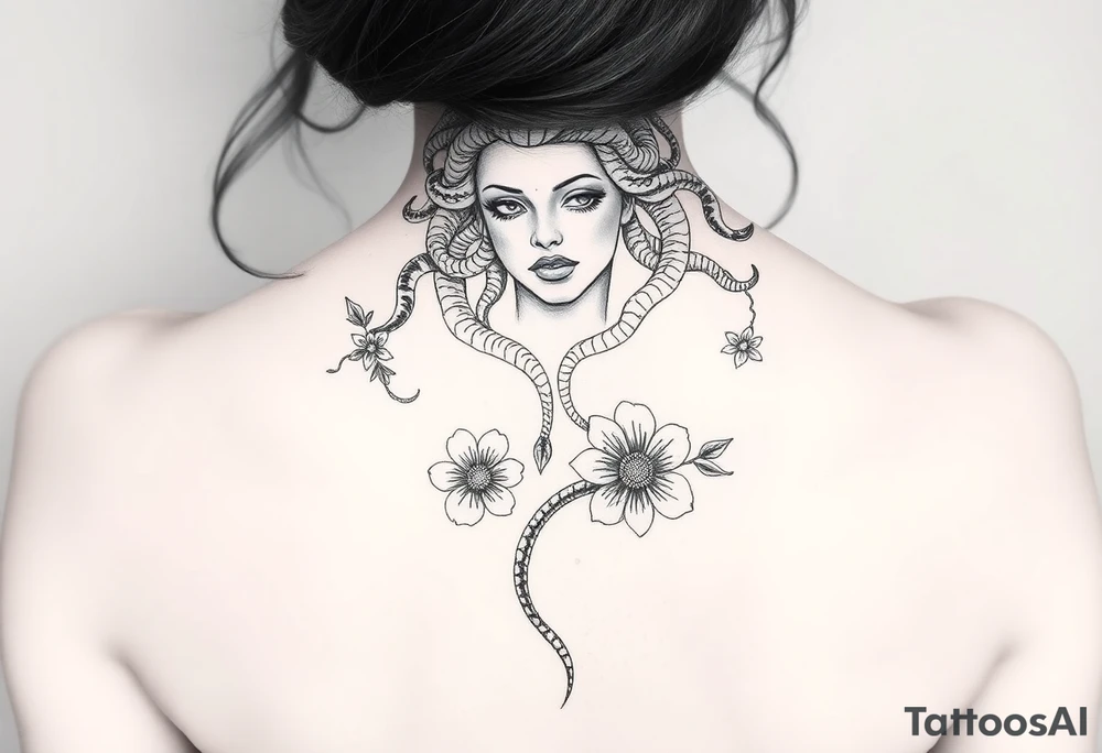 medusa  with snakes coming out of her head with flowers tattoo idea