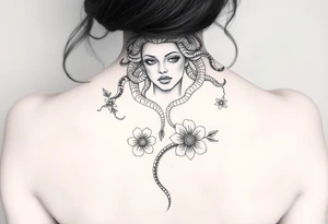 medusa  with snakes coming out of her head with flowers tattoo idea