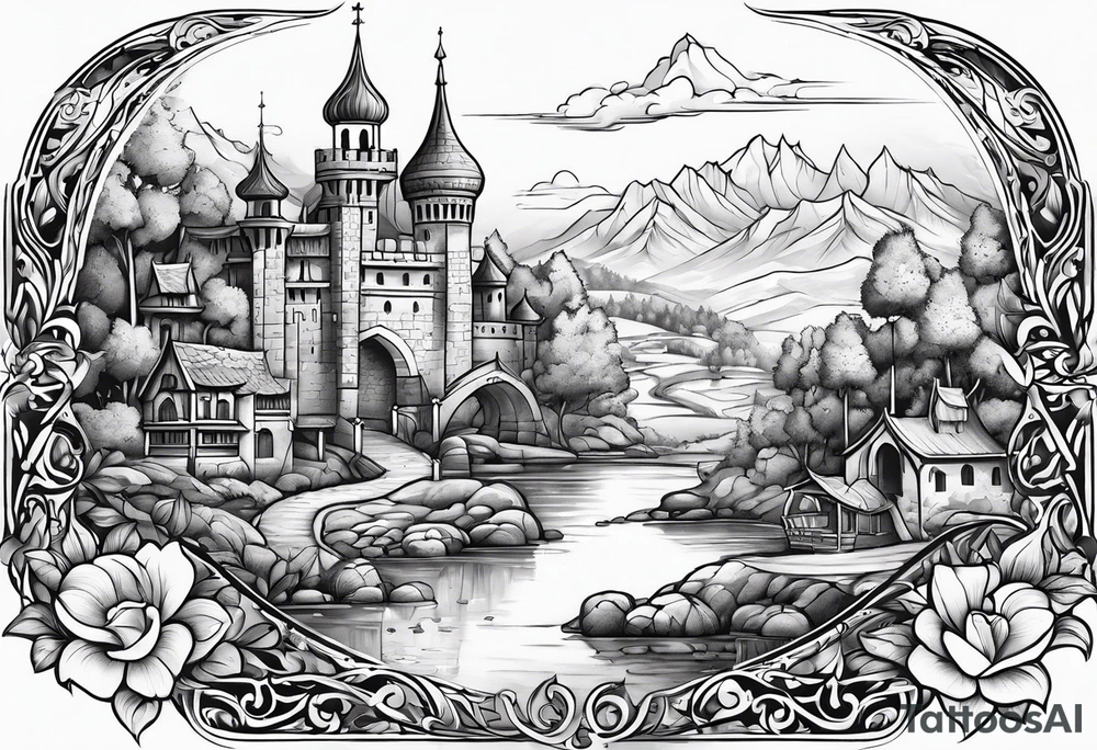 medieval tribal city 
floral  land  vignette tattoo idea
