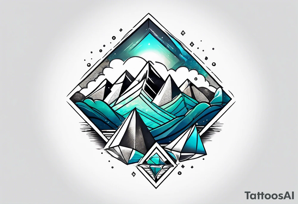 Mountains and big ocean waves  crashing diamond shape half and half tattoo idea