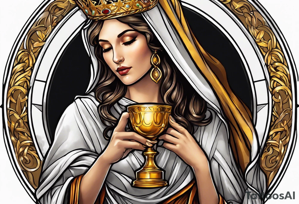 woman saint holding chalice surrounded by golden halo portrait tattoo idea