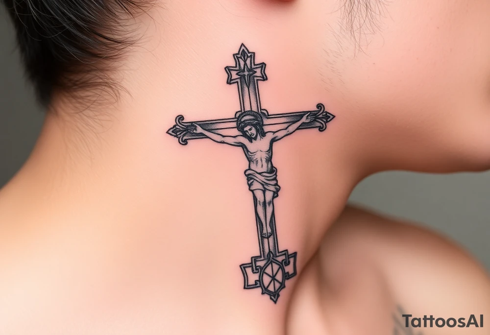 Traditional orthodox ICXC Christian cross with Jesus Christ on the cross also with the foot rest part of the cross tattoo idea