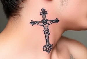 Traditional orthodox ICXC Christian cross with Jesus Christ on the cross also with the foot rest part of the cross tattoo idea