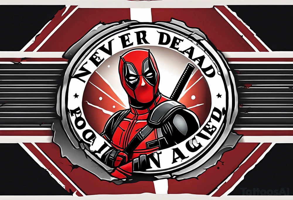 Banner with Text: A worn, dark banner wraps around Deadpool with the phrase "NEVER DEAD" in bold, cracked letters that give a strong and aggressive impression. The banner has small torn details, as if it’s been through rough conditions, with shading that adds depths. tattoo idea