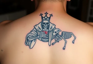 evil skeleton king in clothes having a good time getting drunk with skeleton dog tattoo idea