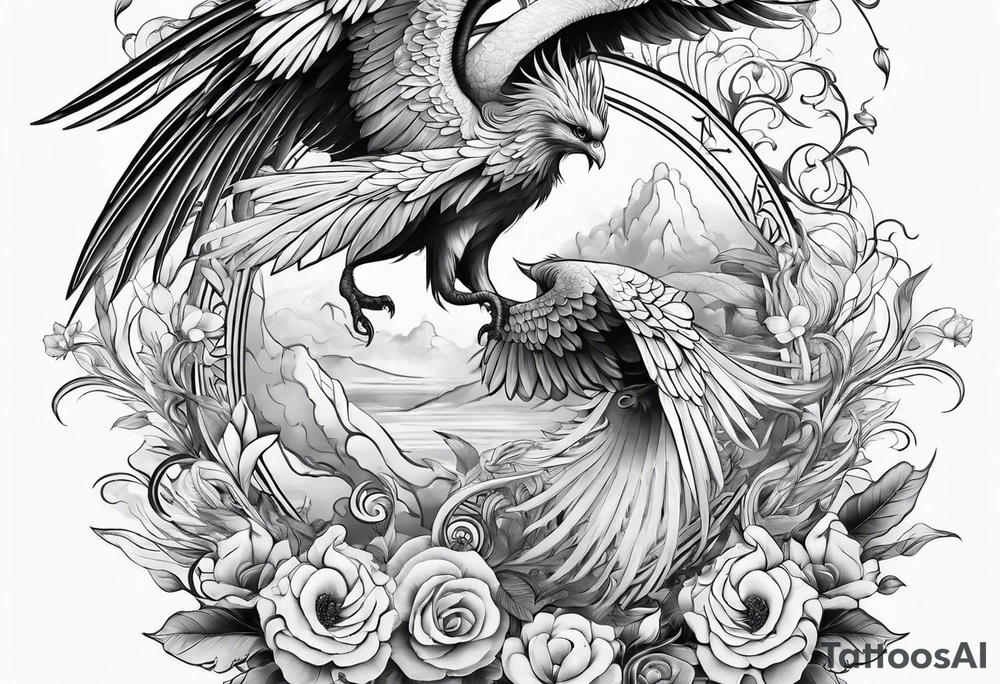 Sleeve with Libra and Phoenix with flowers tattoo idea