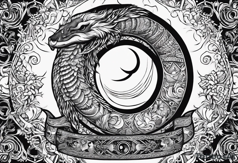 the sun and crescent moon are connected, the moon has a snake wrapped around it, the sun has a cardinal in it tattoo idea