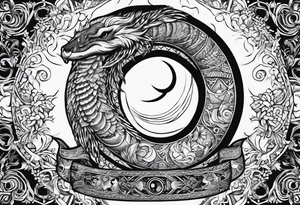 the sun and crescent moon are connected, the moon has a snake wrapped around it, the sun has a cardinal in it tattoo idea