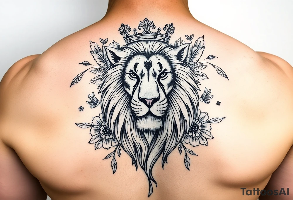 powerful majestic lion with a crown, surrounded by floral ornaments and birds tattoo idea