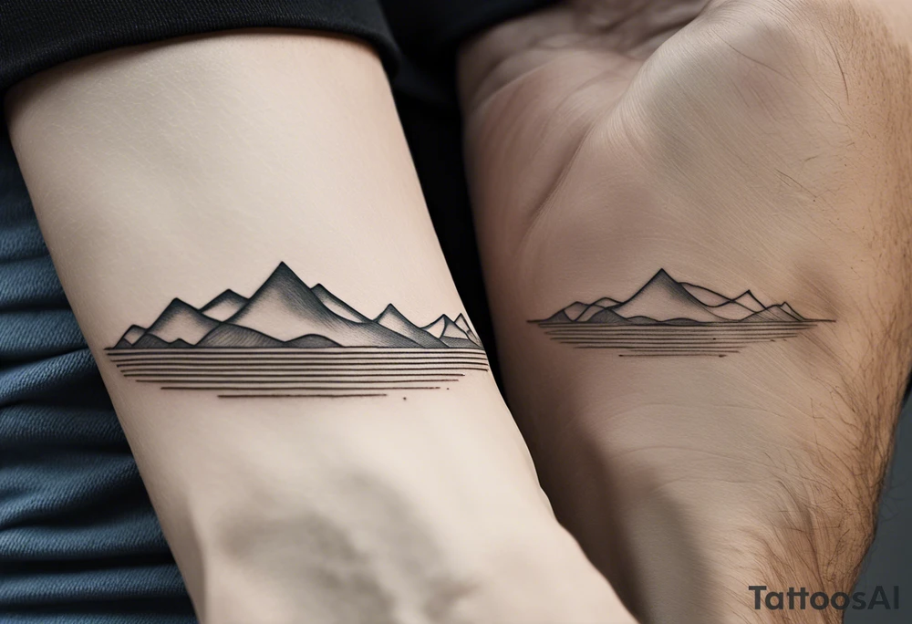 The tattoo starts at the wrist with a simple, clean line that represents the shoreline. Above this line, there are serene, rolling waves depicted in a minimalistic style—smooth curves that capture the essence of the ocean.

Moving upward, the waves gradually transition into a set of geometric mountains. These mountains are outlined with clean, straight lines, creating a sharp yet simple silhouette against the canvas of your forearm. The peaks of the mountains form a subtle V shape, symbolizing strength and resilience.

Above the mountains, a small, circular sun completes the design. The sun is composed of bold, yet uncomplicated lines, radiating simplicity and warmth. The circular shape of the sun adds balance to the overall composition, creating a harmonious blend with the waves and mountains. tattoo idea