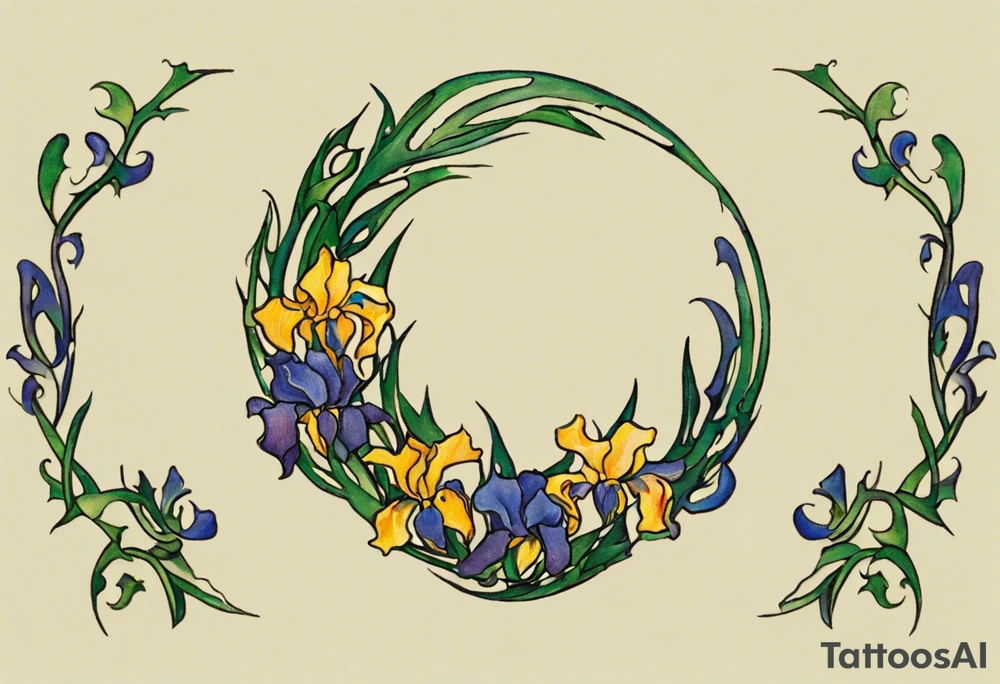 Create a small colorful Vincent van Gogh Irises tattoo in the form of a crescent, with vines or Celtic knots gracefully intertwining at a central point in the middle of the wreath.  In the middle of the wreath are mountains and other items found in New Mexico. Ensure that the design avoids the appearance of a bush and maintains a more structured and deliberate arrangement. The intended placement is on the upper chest. The overall design should be small in size while maintaining a delicate and artistic aesthetic. Pay attention to the graceful flow of the vines and the placement of the irises to achieve a refined and elegant look. tattoo idea
