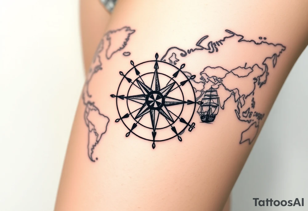antique compass rose overlaid on weathered world map with sailing ships tattoo idea