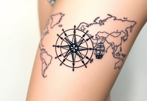 antique compass rose overlaid on weathered world map with sailing ships tattoo idea