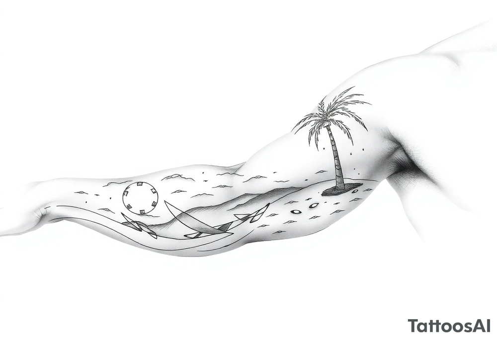 fine line, peaceful, serene, timeless, ocean, sand, palm tree, sun tattoo idea