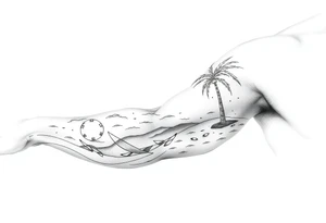fine line, peaceful, serene, timeless, ocean, sand, palm tree, sun tattoo idea