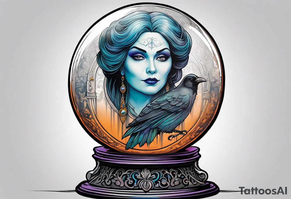 Madame leota haunted mansion in crystal ball on gothic stand with raven at side tattoo idea