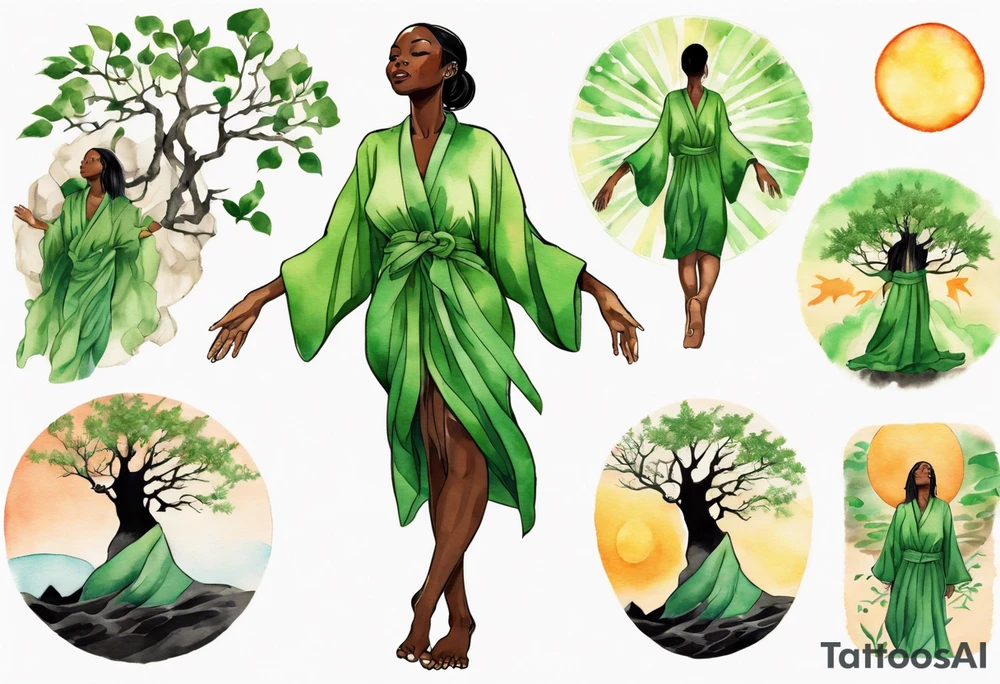 a beautiful black woman with tree roots for feet, wearing a green robe, arms reaching up towards the sun blazing in the sky tattoo idea
