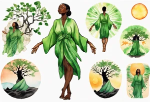 a beautiful black woman with tree roots for feet, wearing a green robe, arms reaching up towards the sun blazing in the sky tattoo idea