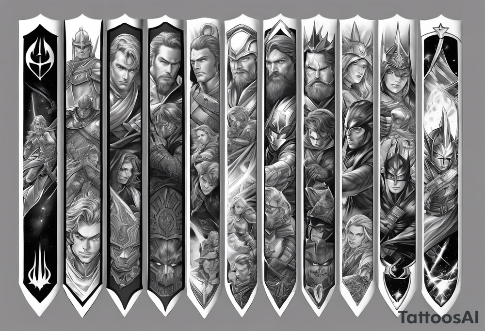 Full arm sleeve tattoo extending from shoulder to wrist featuring the battle of Helms Deep with character such as Anakin Skywalker, Obi Wan Kenobi, Darth Vader, Superman, Batman, Green Lantern, Dark Magician and Blue-Eyes White Dragon from Yu-Gi-Oh!, and Captain America added in tattoo idea