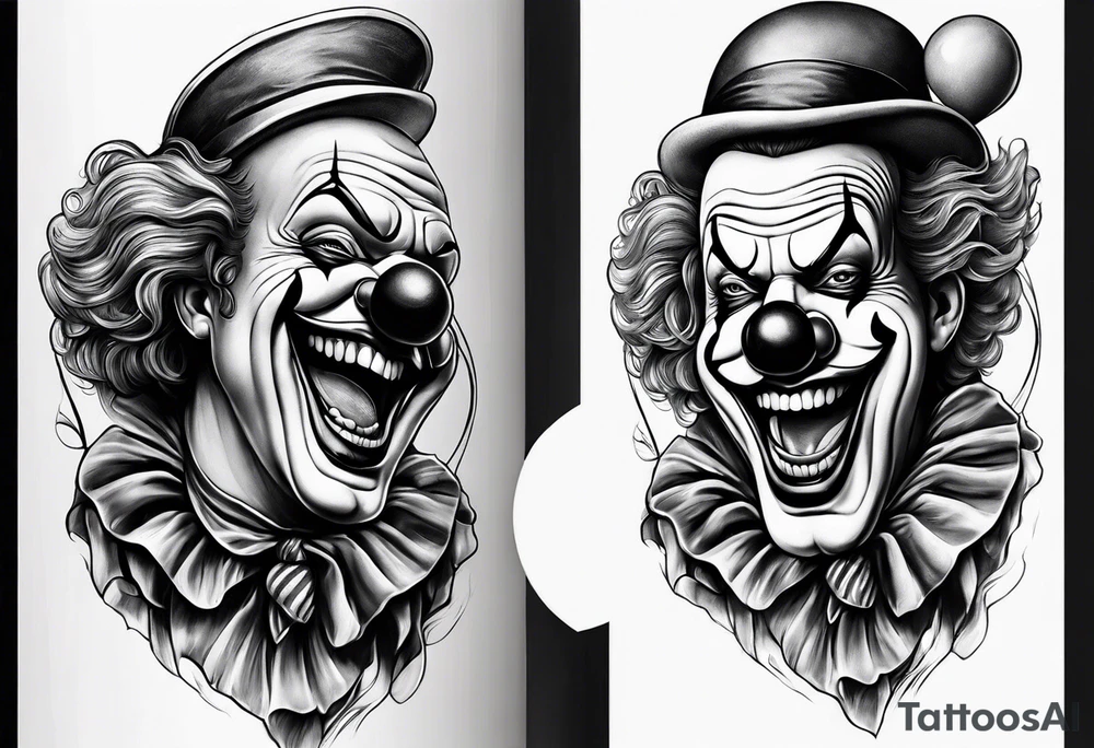 A clown grabbing the leg of another clown tattoo idea