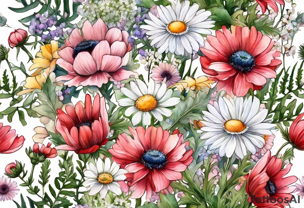 an oval of wildflowers cascading with thistles, ferns, white anemones, sun flowers, buttercups, pink flowers, red flowers, babys breath and daisies all in watercolor tattoo idea
