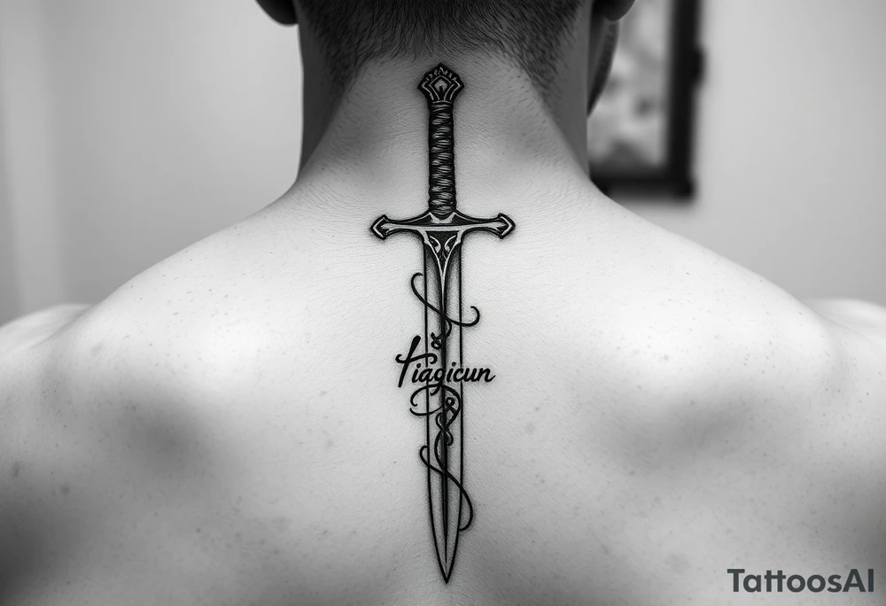 French style sword vertically down spine with arabic calligraphy and gothic style tattoo idea