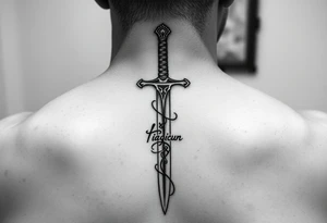 French style sword vertically down spine with arabic calligraphy and gothic style tattoo idea