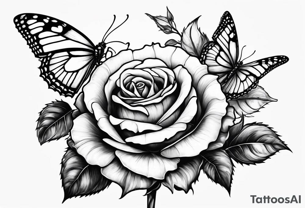 Roses on a stem with thorns, butterfly wings in the center tattoo idea