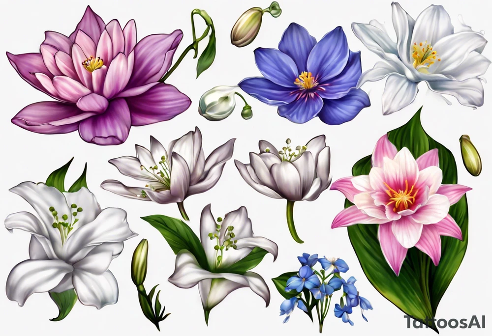 Make a tattoo with Cosmos flower, lily Of the valley, water lily, snow drop, and morning glory with all flowers together tattoo idea