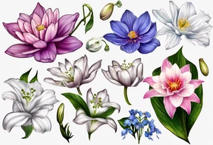 Make a tattoo with Cosmos flower, lily Of the valley, water lily, snow drop, and morning glory with all flowers together tattoo idea