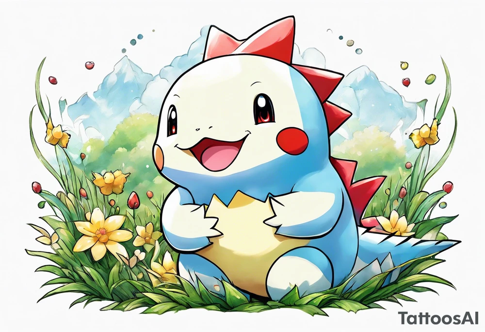 Togepi and totodile playing together in a field tattoo idea