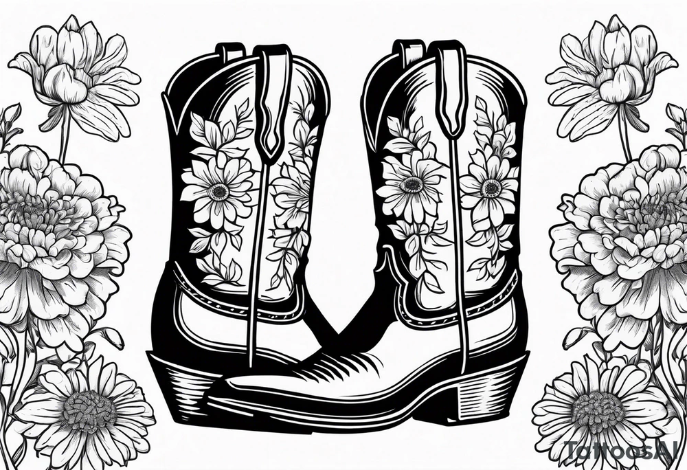 Cowboy boot with bouquet of chrysanthemum, carnations and marigolds inside of boot tattoo idea