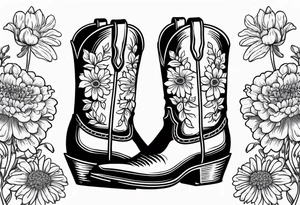 Cowboy boot with bouquet of chrysanthemum, carnations and marigolds inside of boot tattoo idea