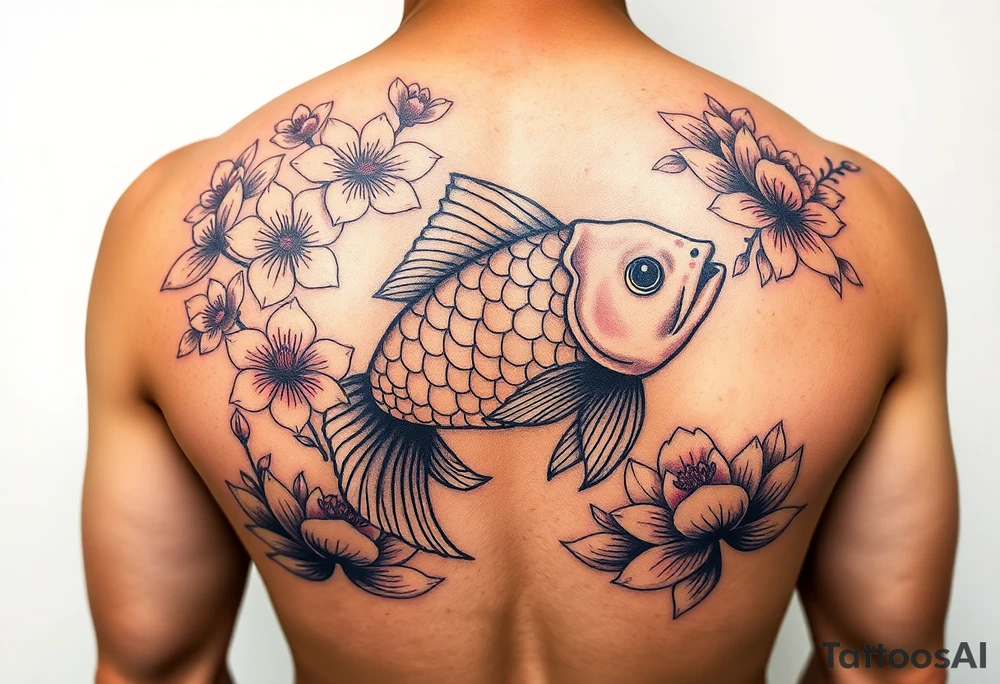 Cherry blossoms and lotus flowers surrounding a big bright coy fish tattoo idea