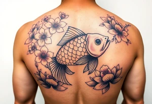 Cherry blossoms and lotus flowers surrounding a big bright coy fish tattoo idea