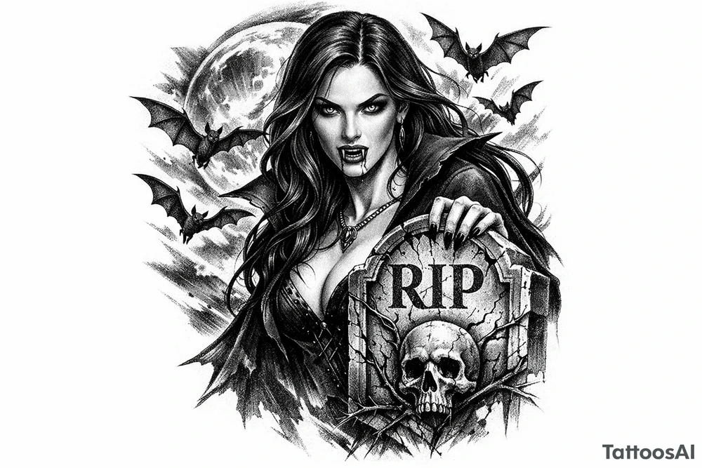 female vampire,bats,full moon,a gravestone. tattoo idea
