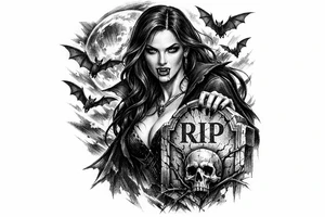 female vampire,bats,full moon,a gravestone. tattoo idea