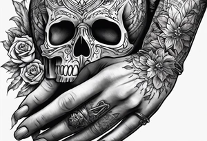 A human hand and a skeleton hand interlocking pointer fingers tattoo idea