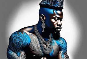 homem guerreiro Ogun africano realista de corpo inteiro em preto e cinza com tons de azul
 no fudo savana tattoo idea
