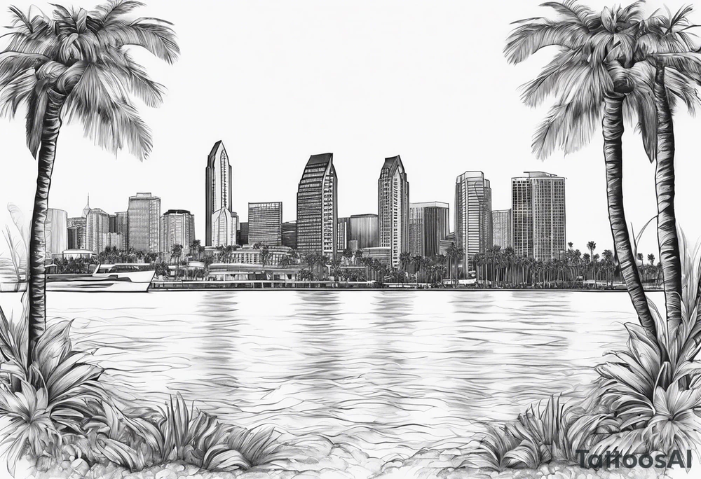 Water leading up to the San Diego skyline with palm trees tattoo idea
