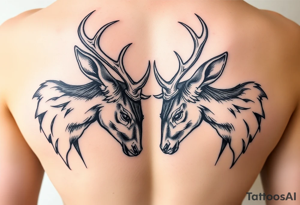 Entire Full body showing in the tattoo of the Two deer with their heads down hitting horns to show dominance. tattoo idea