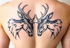 Entire Full body showing in the tattoo of the Two deer with their heads down hitting horns to show dominance. tattoo idea