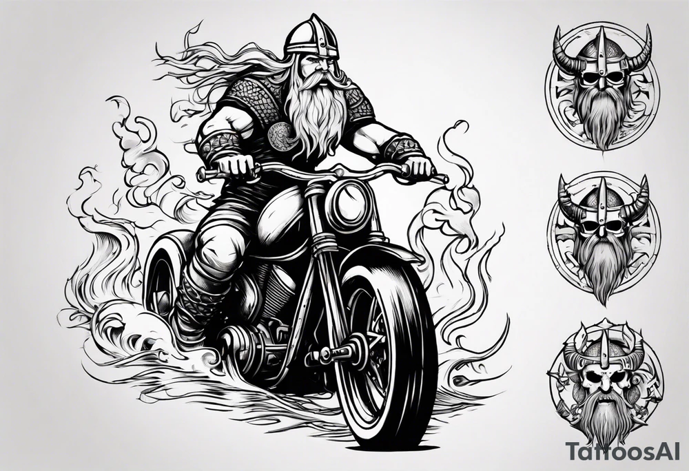 Viking on a motorcycle riding along the ocean tattoo idea
